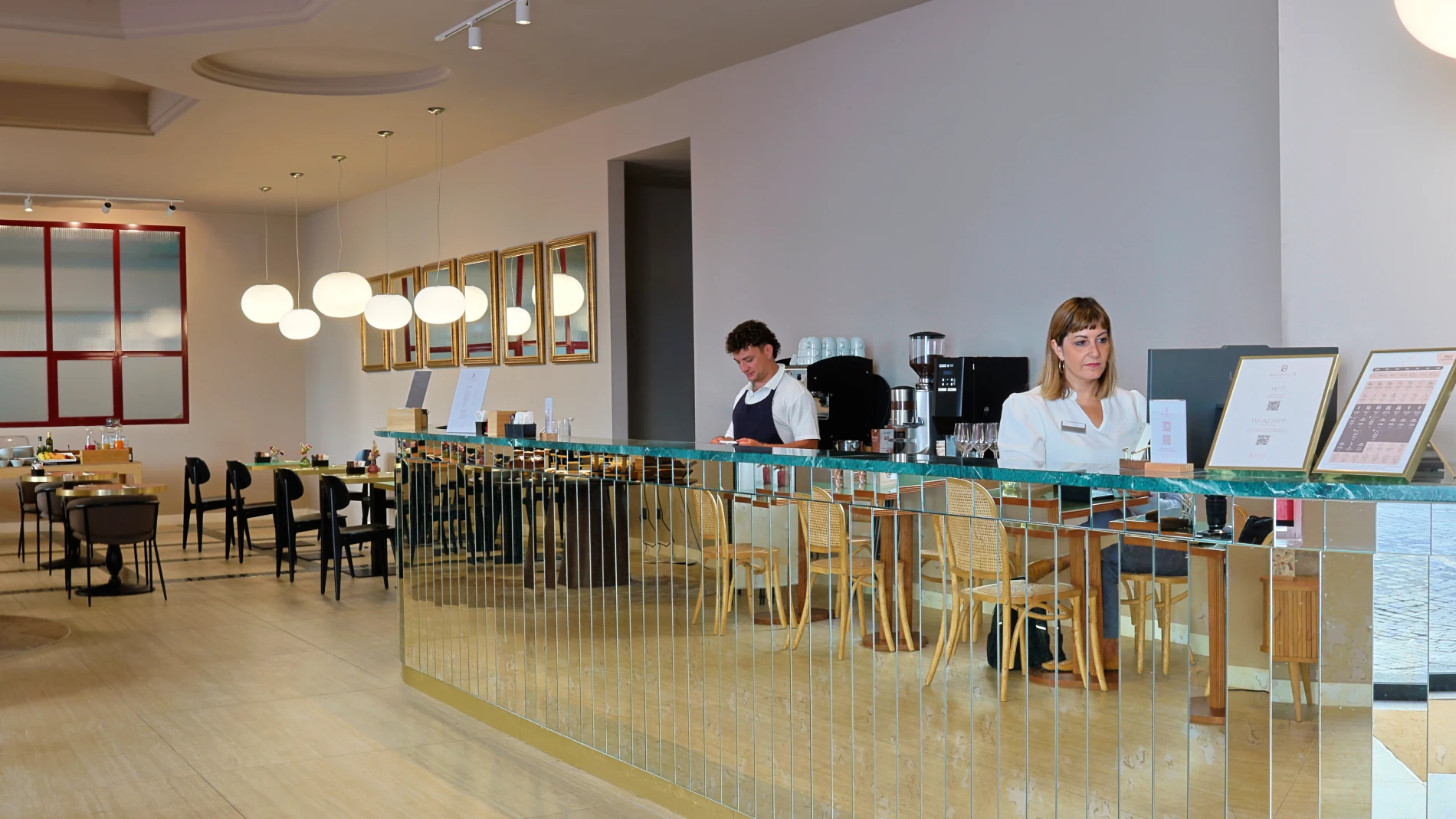 Modern lobby bar with a mirrored counter and reception area for the Adult Only Annex. - Barberini 16 Boutique Hotel, BZAR hotels in Rome