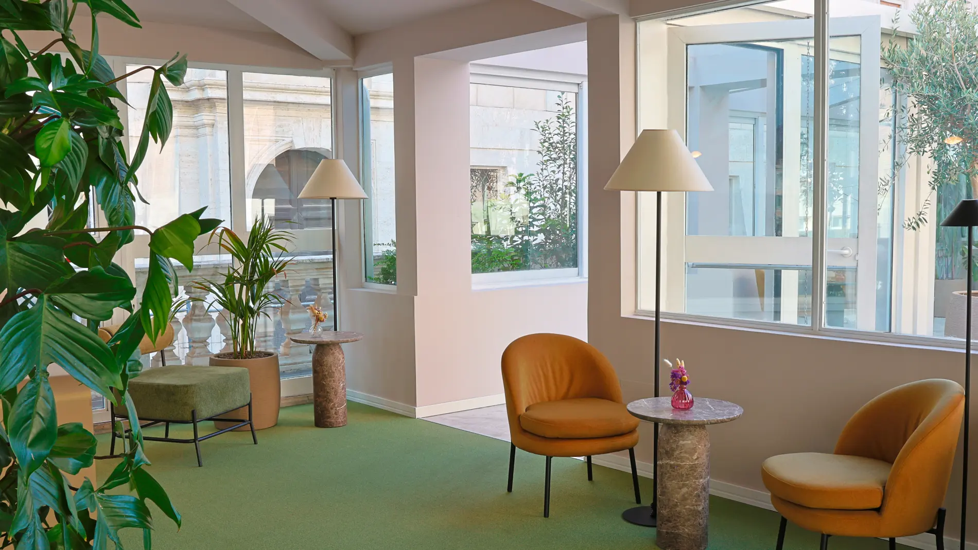 Sophisticated breakfast room and lounge featuring mustard-yellow armchairs and modern lighting. - Barberini 16 Boutique Hotel, BZAR hotels in Rome
