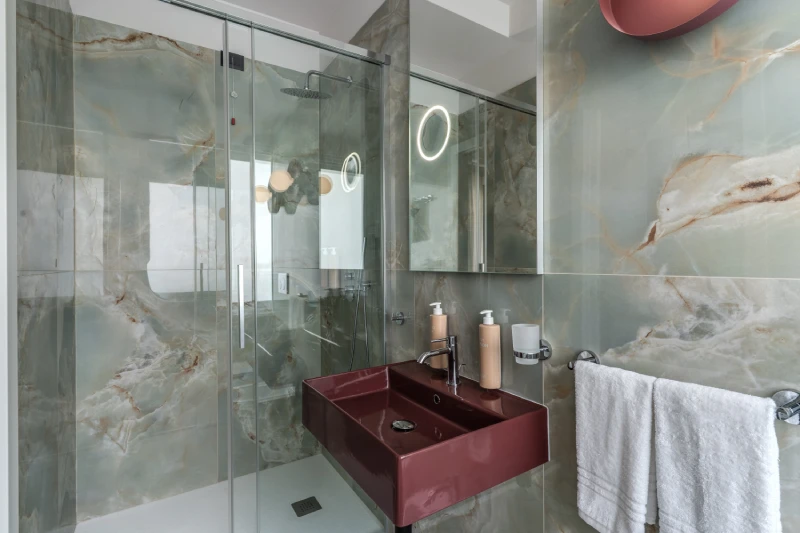Modern Superior bathroom with glass shower and designer sink near Palazzo Barberini in central Rome - Barberini 16, BZAR hotels in Rome